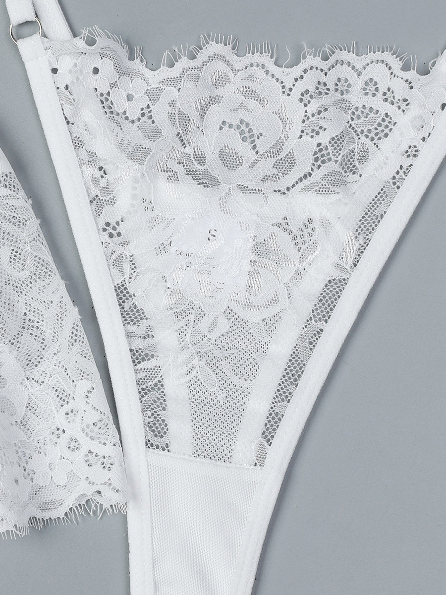 White Lace Embroidered Flower Sexy Lingerie Set