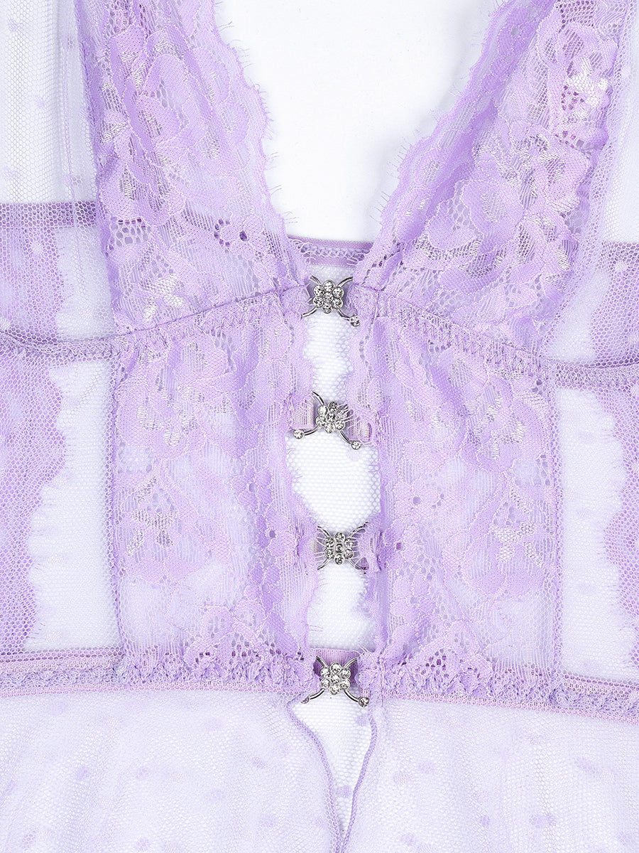 Lavender See-through Sexy Polka Dot Lace Two-piece Set