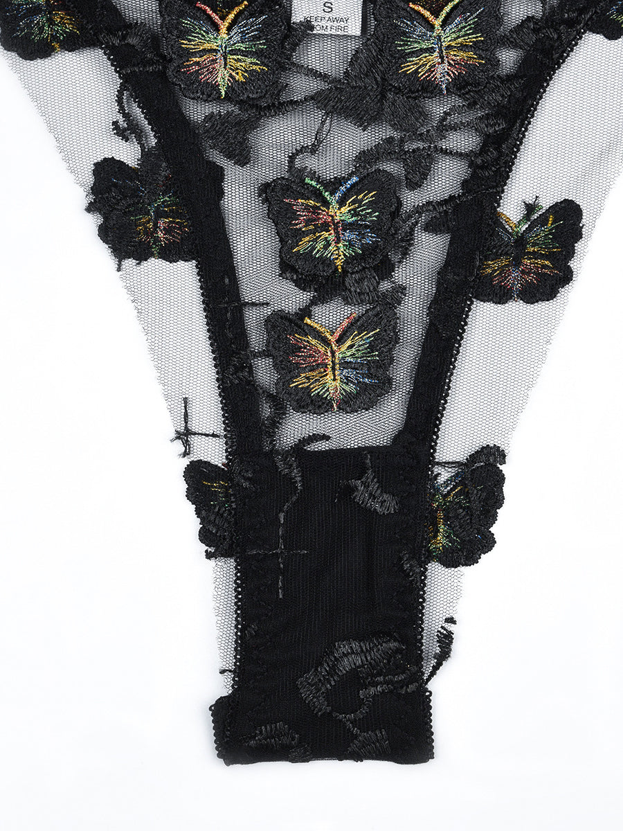 Black Appliqued Flower Sexy Two Set Lingerie