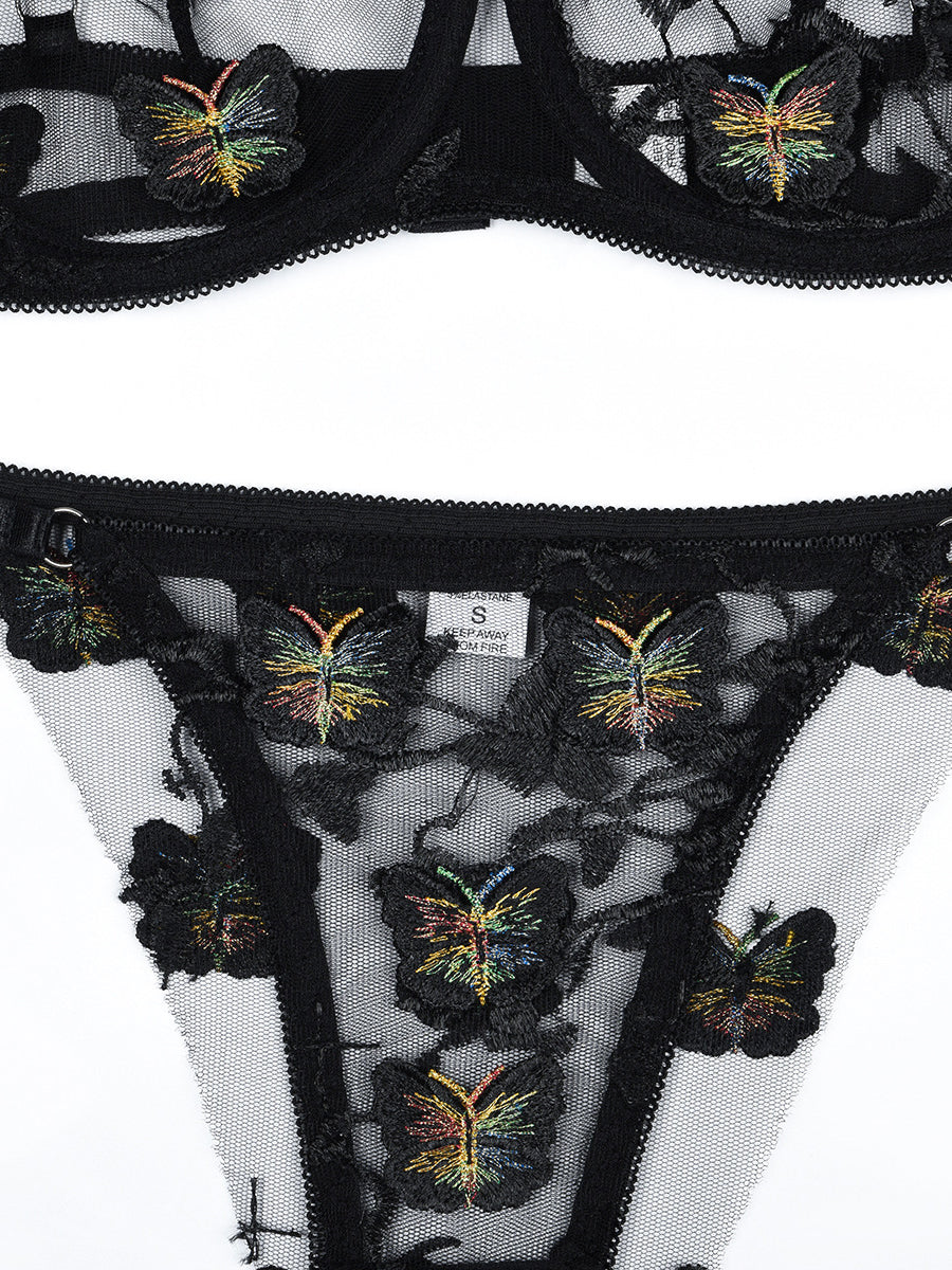 Black Appliqued Flower Sexy Two Set Lingerie