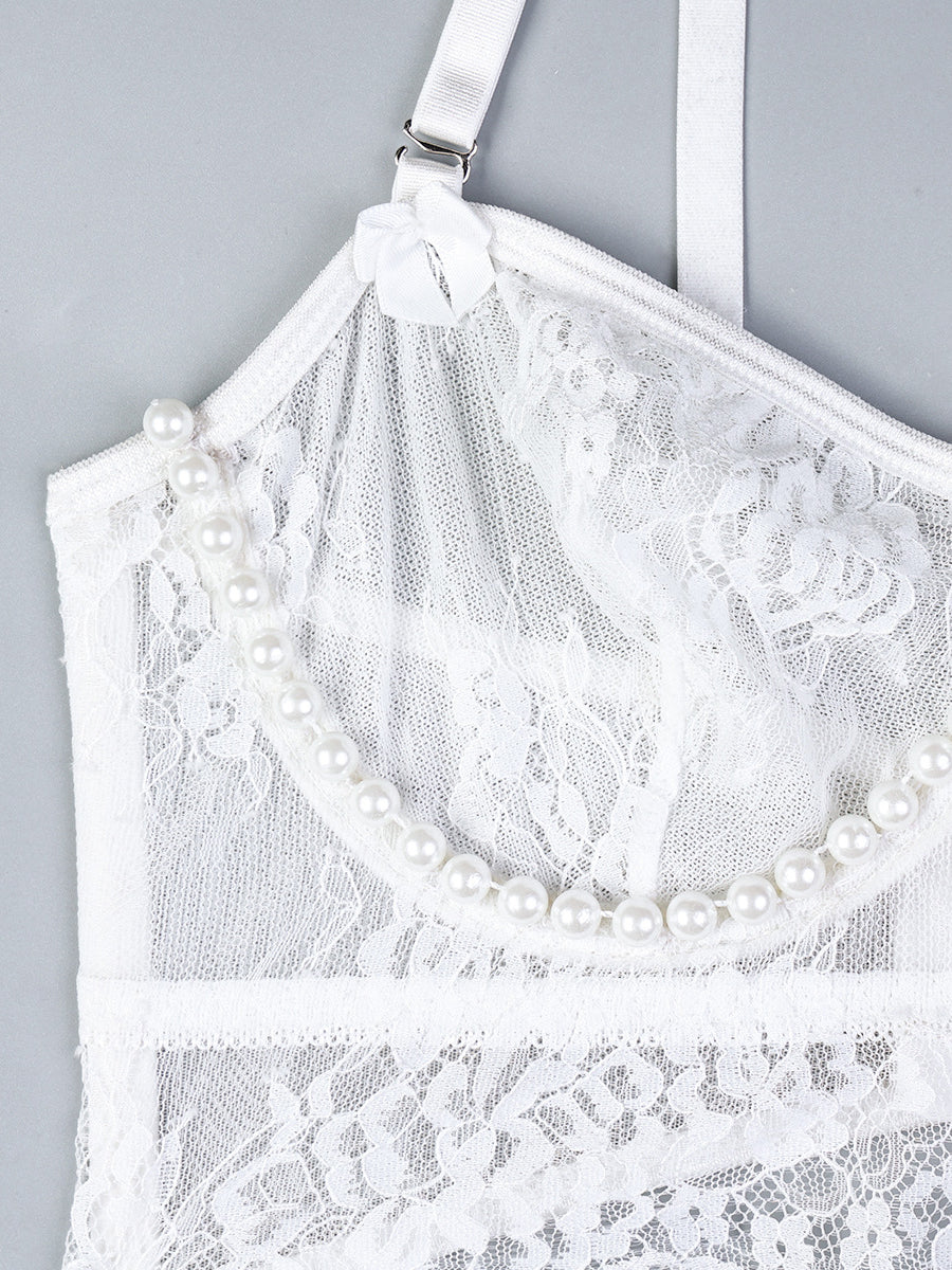 Beads Ruffled See-through Sexy Two Set Lingerie