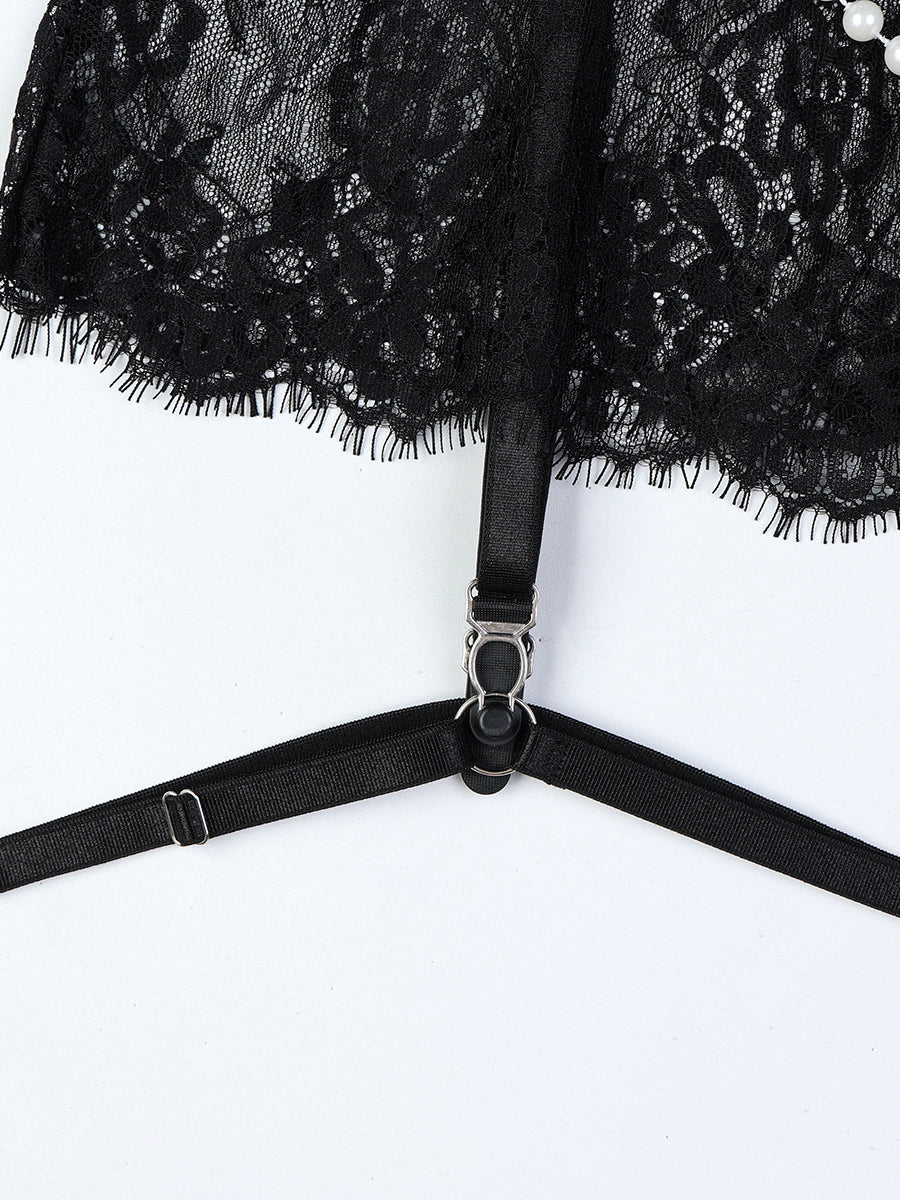 Beads Ruffled See-through Sexy Two Set Lingerie