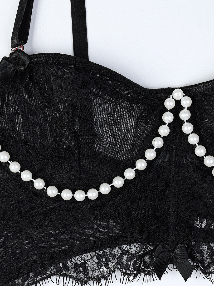 Beads Ruffled See-through Sexy Two Set Lingerie