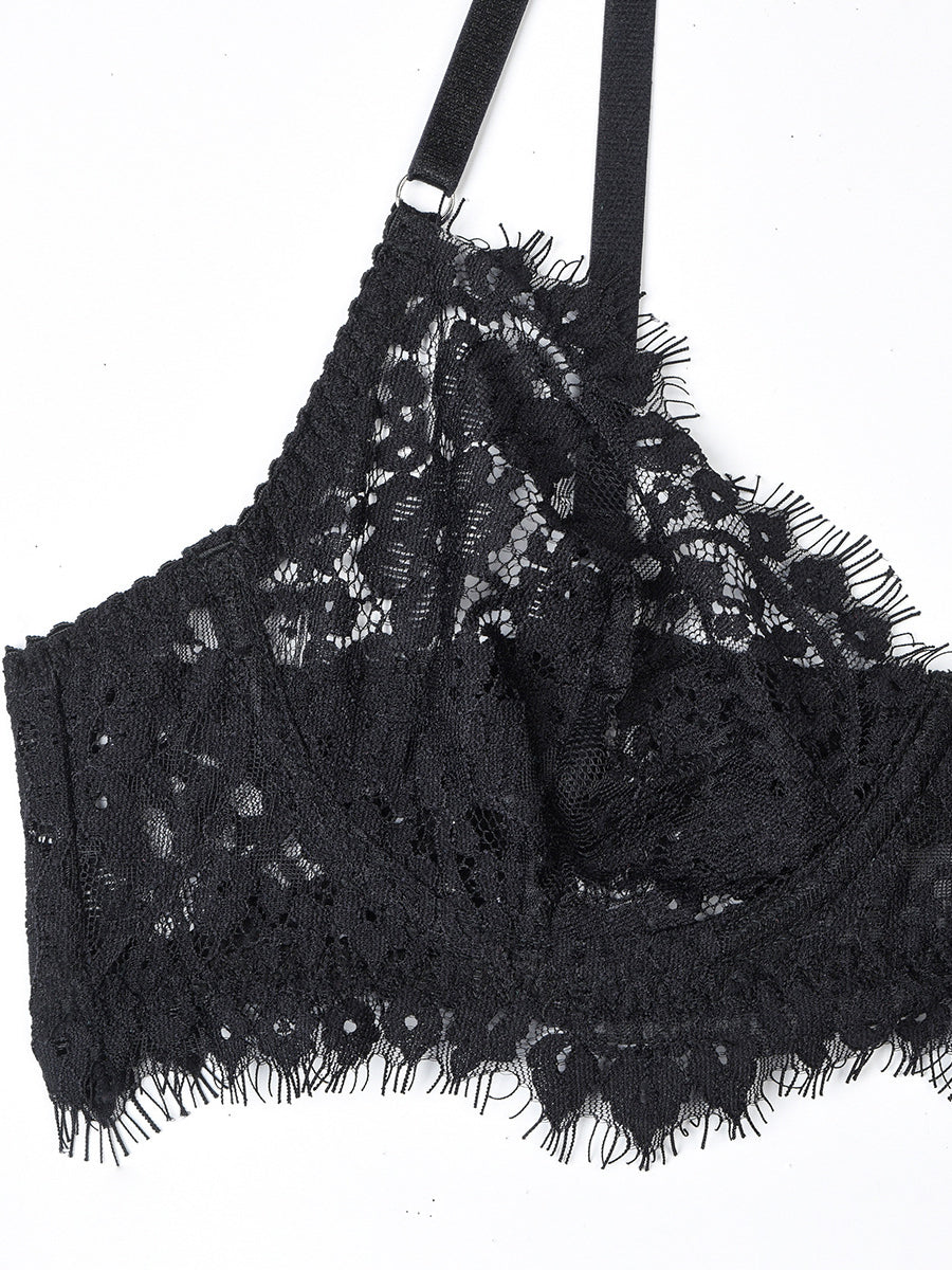 Black Lace Embroidered Ruffled Cutout Sexy Set