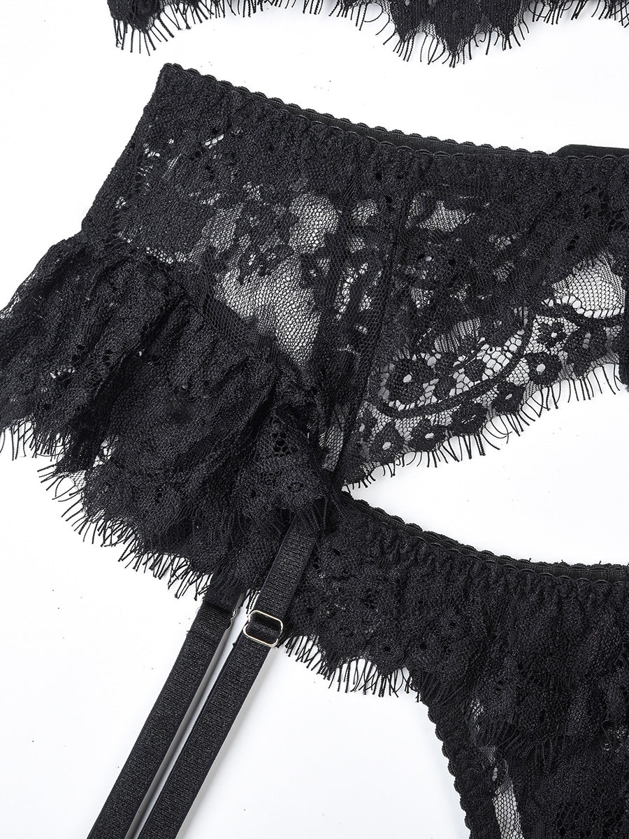 Black Lace Embroidered Ruffled Cutout Sexy Set