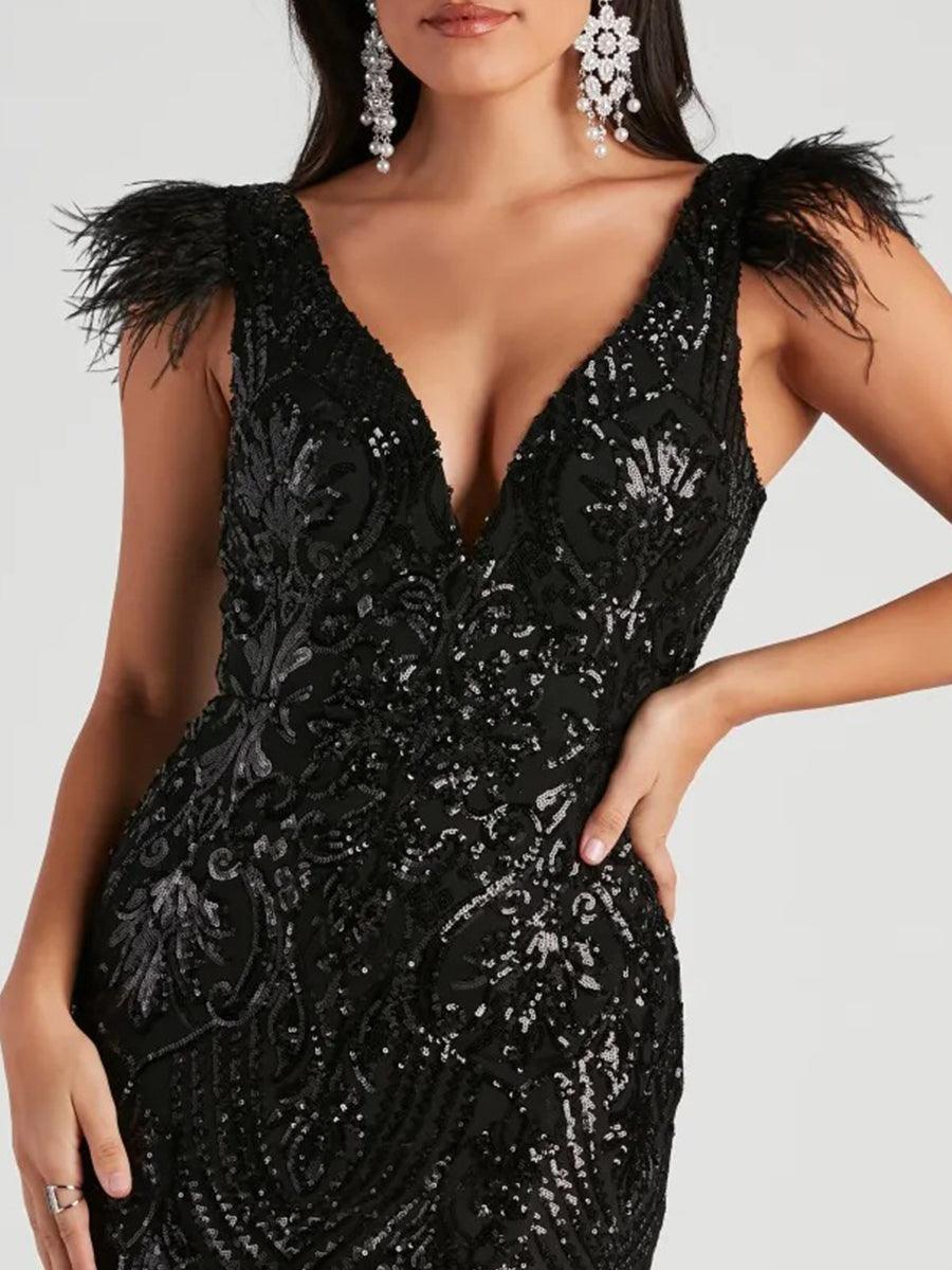 Black Feather Sequin Backless Prom Dress
