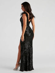 Black Feather Sequin Backless Prom Dress