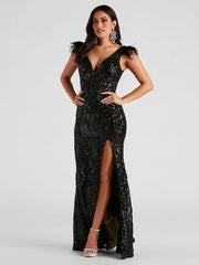 Black Feather Sequin Backless Prom Dress