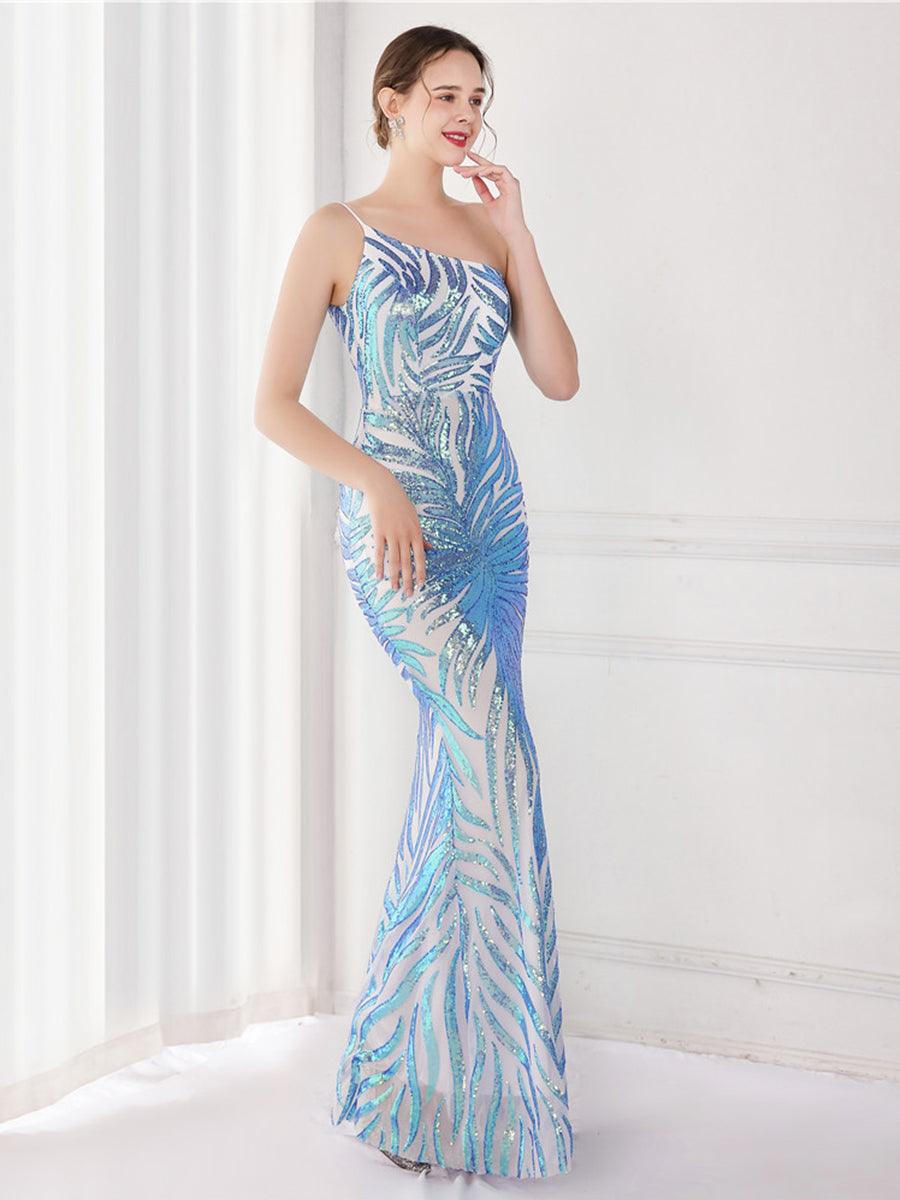One Shoulder Sequin Graphic Mermaid Cocktail Dress