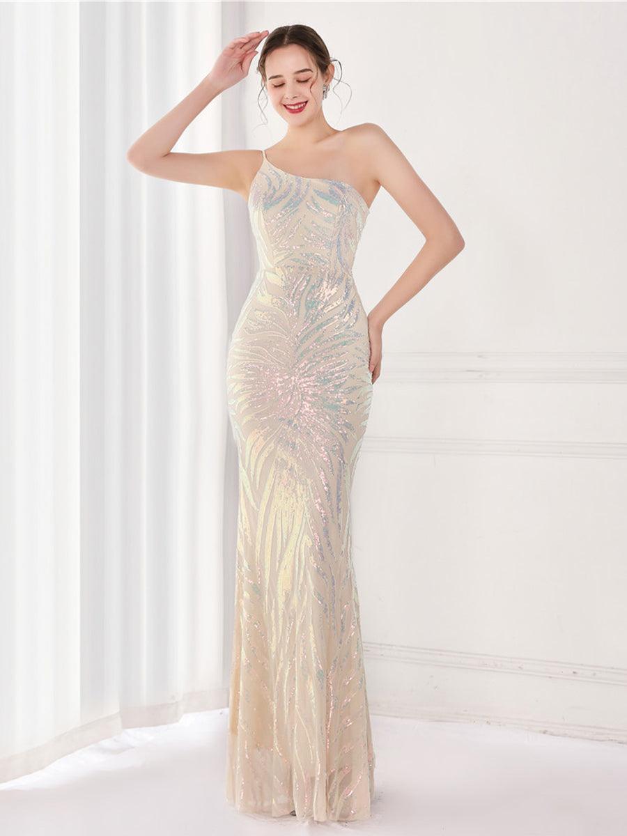 One Shoulder Sequin Graphic Mermaid Cocktail Dress