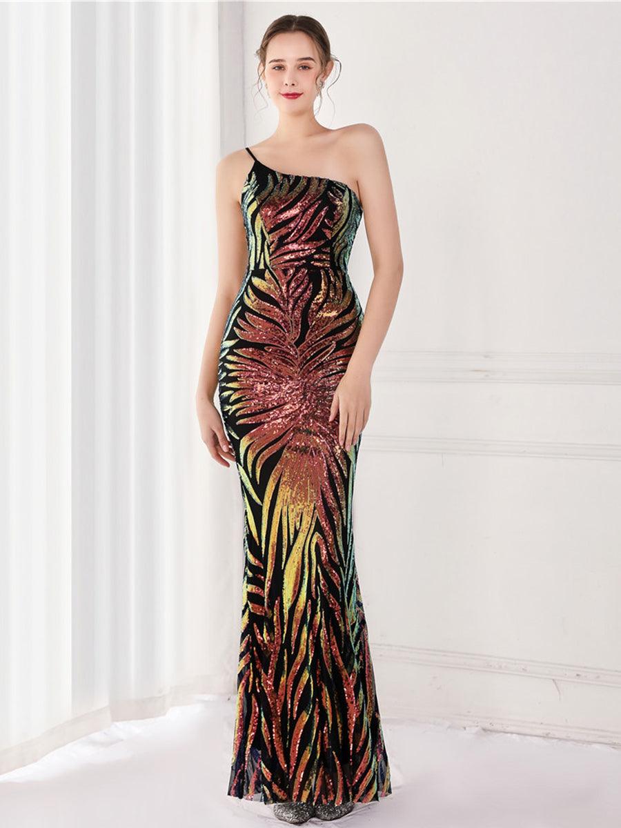 One Shoulder Sequin Graphic Mermaid Cocktail Dress
