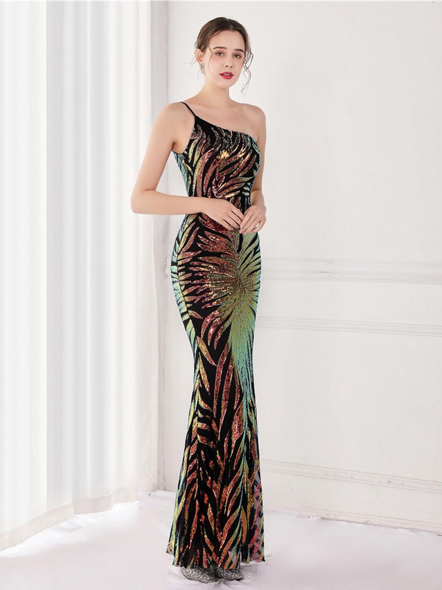 One Shoulder Sequin Graphic Mermaid Cocktail Dress