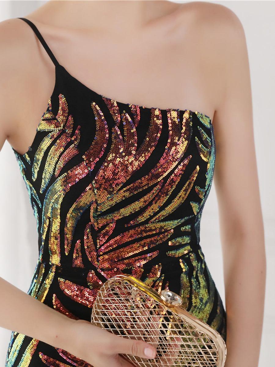 One Shoulder Sequin Graphic Mermaid Cocktail Dress