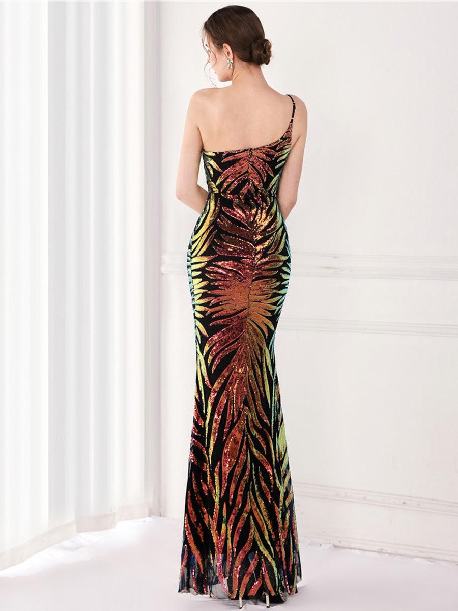 One Shoulder Sequin Graphic Mermaid Cocktail Dress