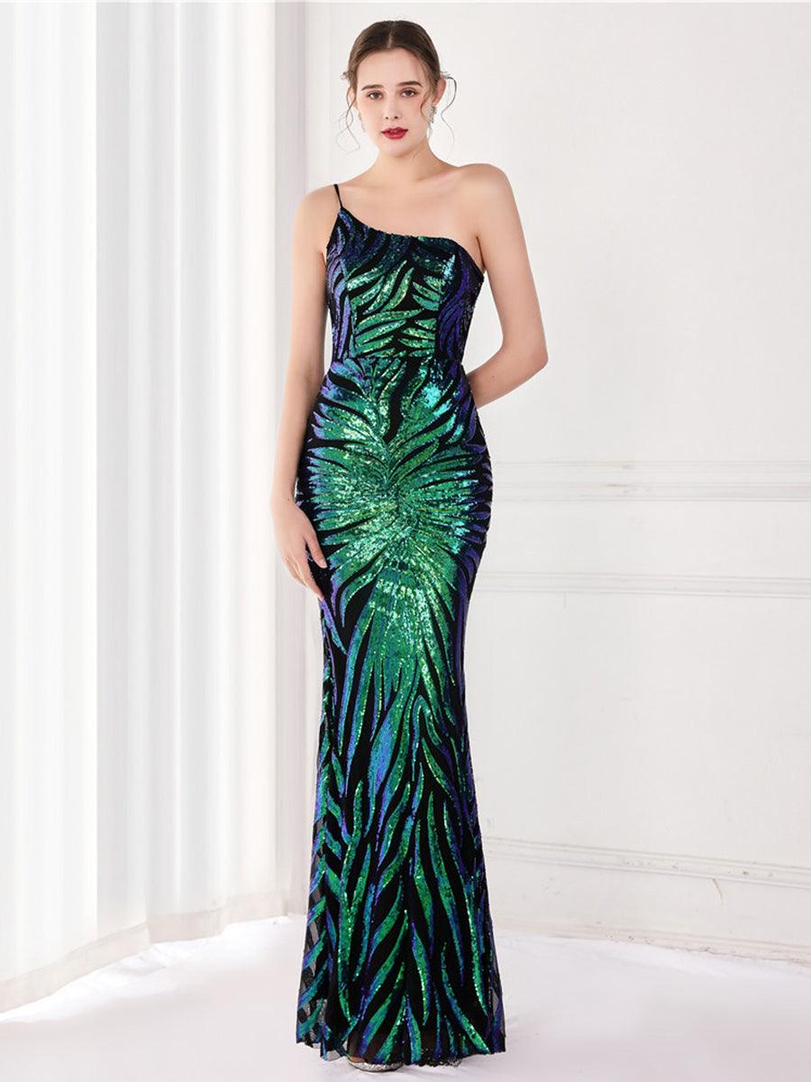 One Shoulder Sequin Graphic Mermaid Cocktail Dress