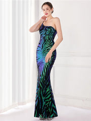 One Shoulder Sequin Graphic Mermaid Cocktail Dress