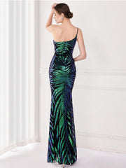 One Shoulder Sequin Graphic Mermaid Cocktail Dress