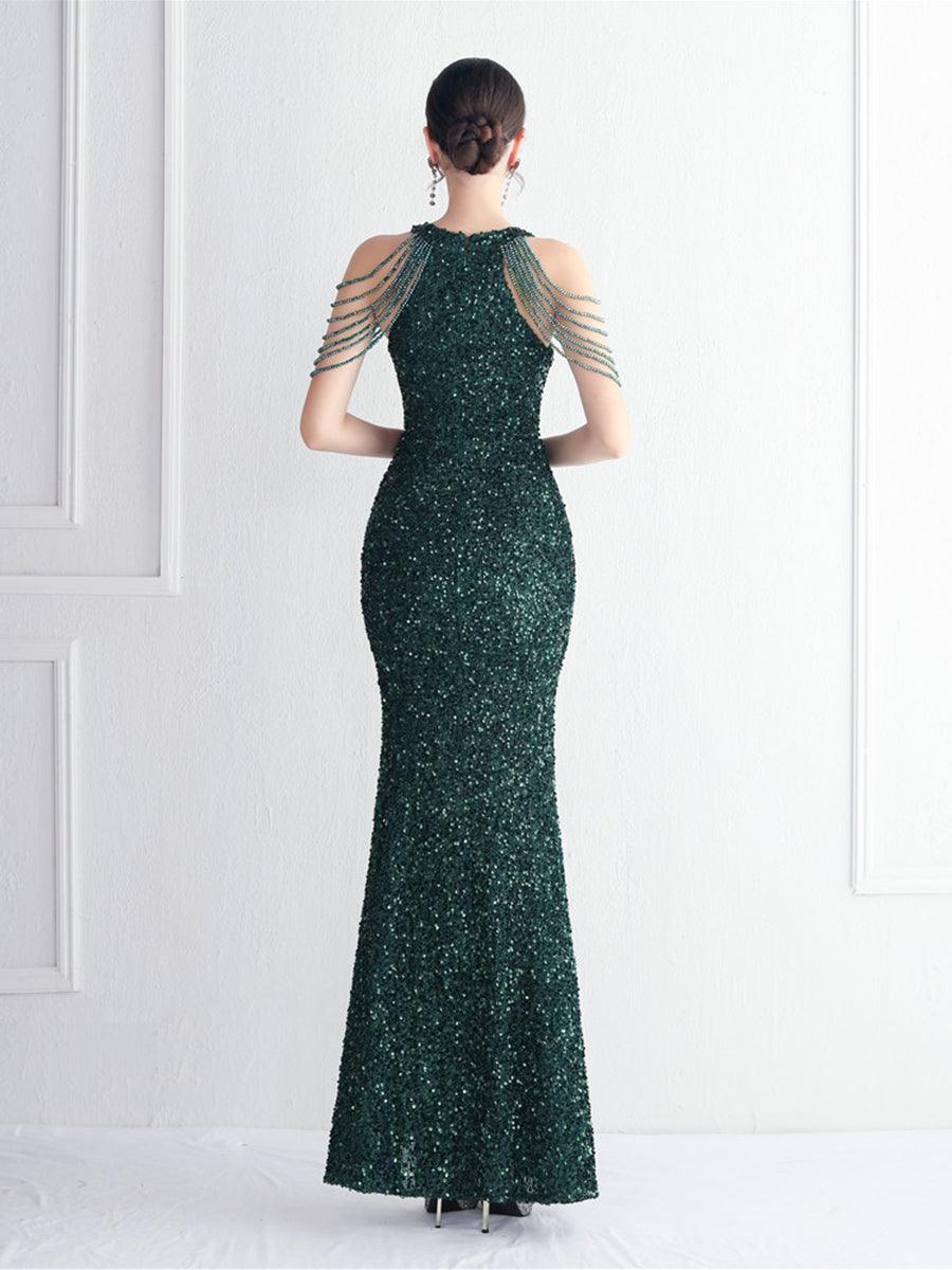 Sequin Beads Chain Split Elegant Cocktail Dress