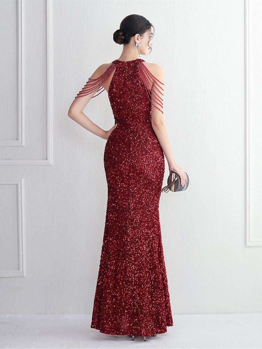 Sequin Beads Chain Split Elegant Cocktail Dress