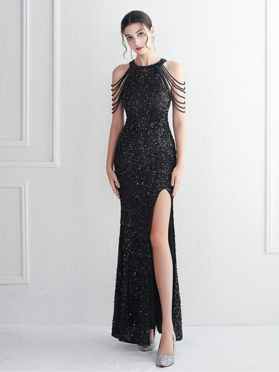 Sequin Beads Chain Split Elegant Cocktail Dress
