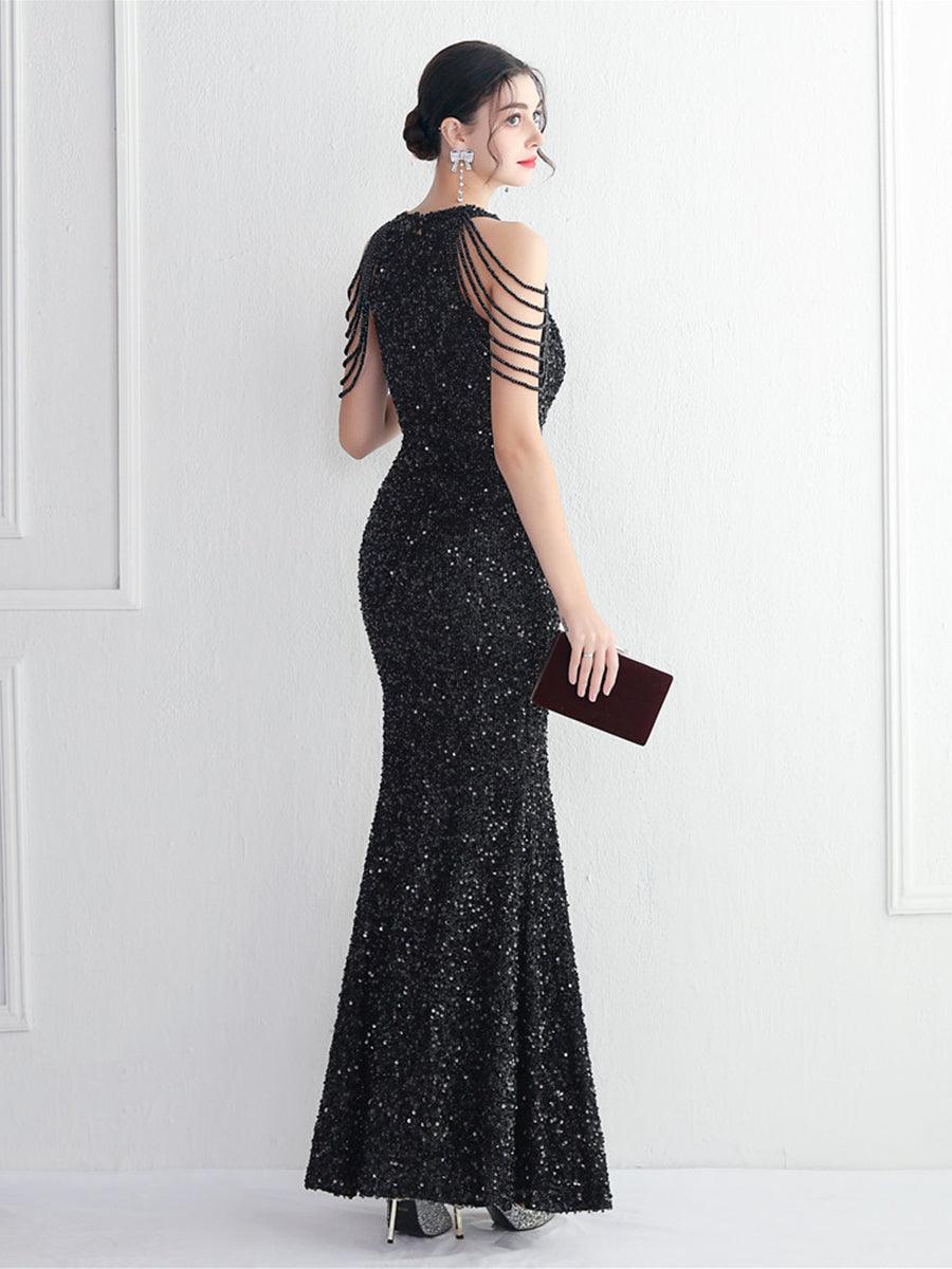 Sequin Beads Chain Split Elegant Cocktail Dress