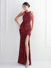 Sequin Beads Chain Split Elegant Cocktail Dress