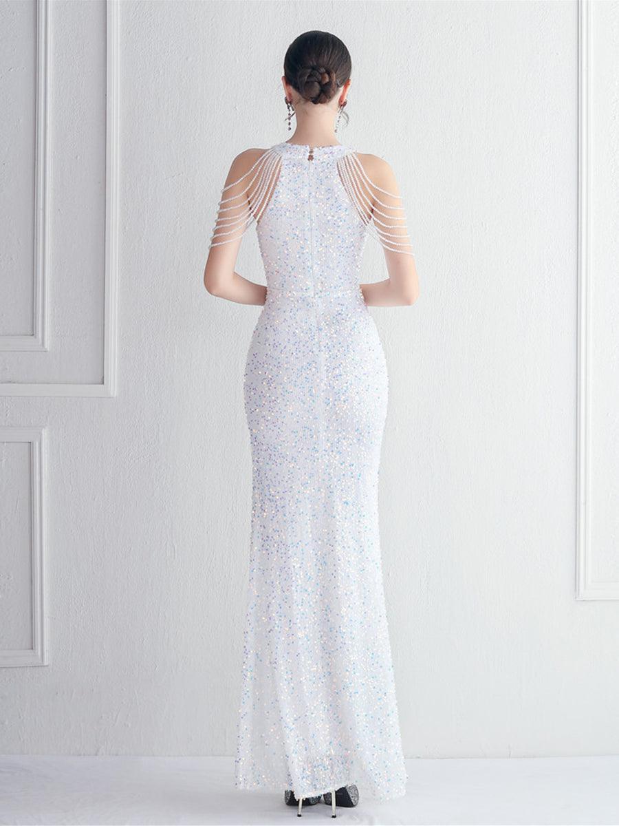 Sequin Beads Chain Split Elegant Cocktail Dress
