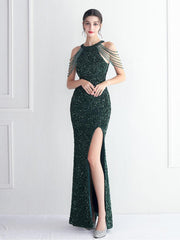 Sequin Beads Chain Split Elegant Cocktail Dress
