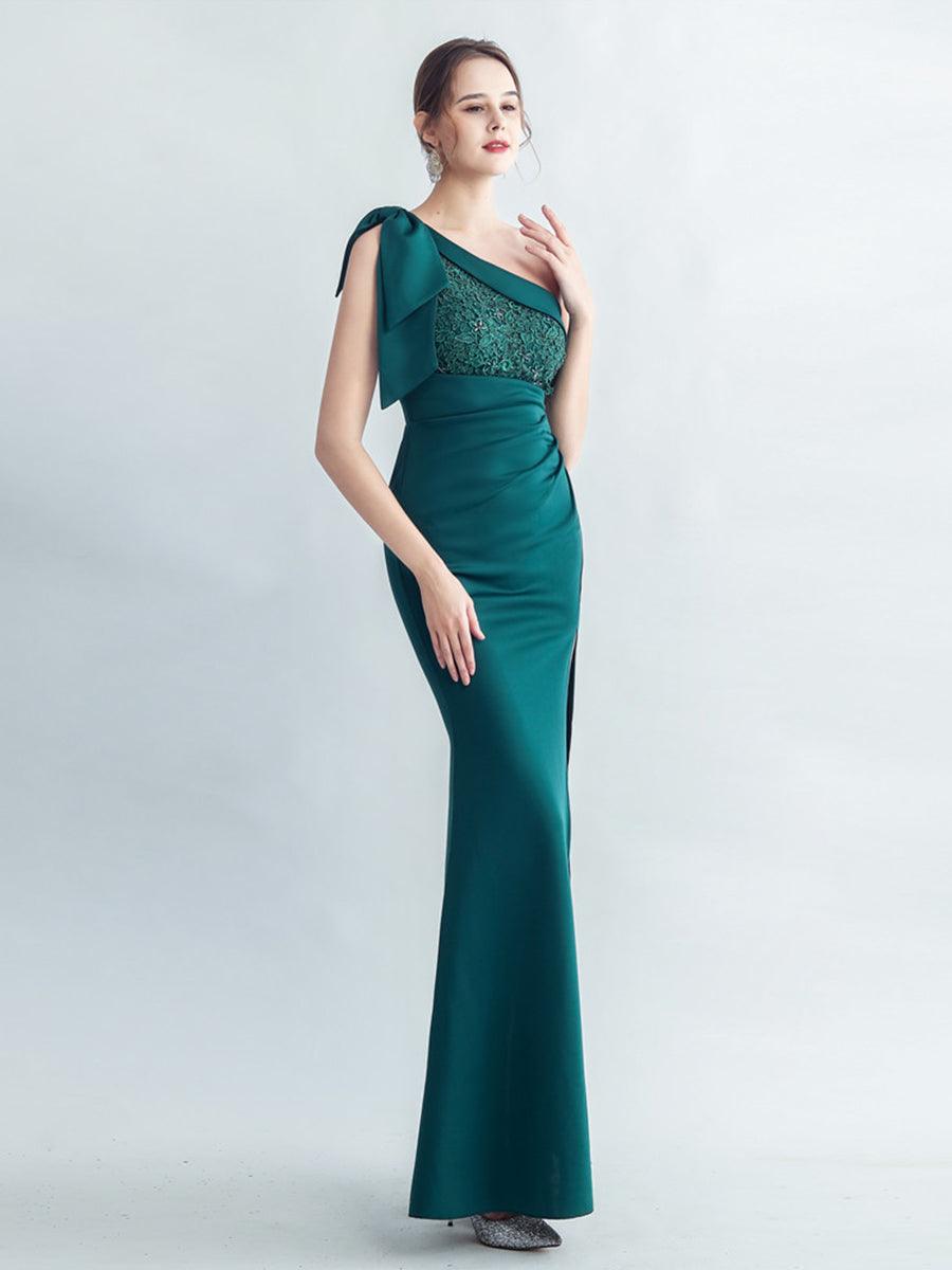 One Shoulder Panel Lace Split Prom Dress