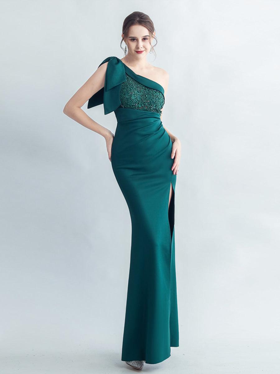 One Shoulder Panel Lace Split Prom Dress