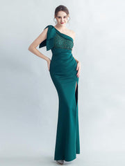 One Shoulder Panel Lace Split Prom Dress