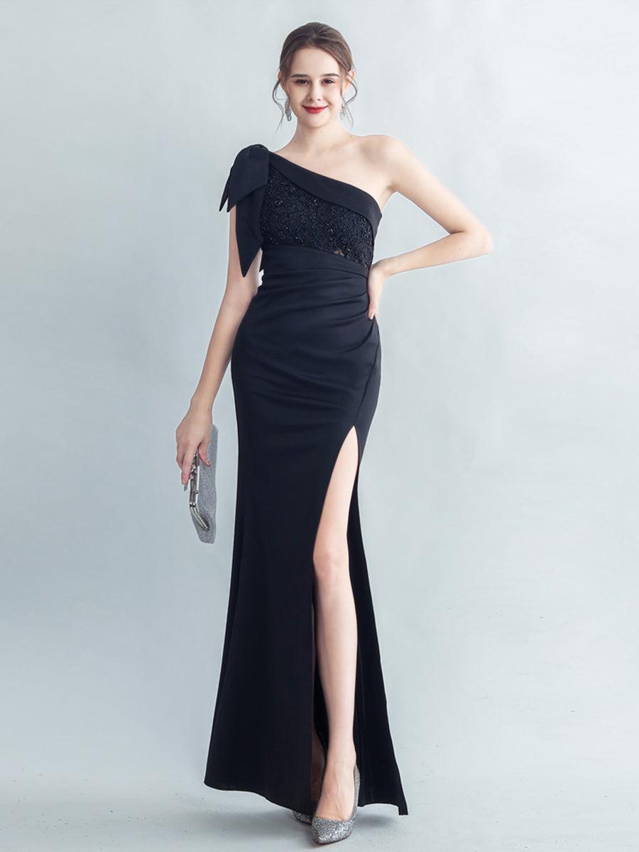 One Shoulder Panel Lace Split Prom Dress