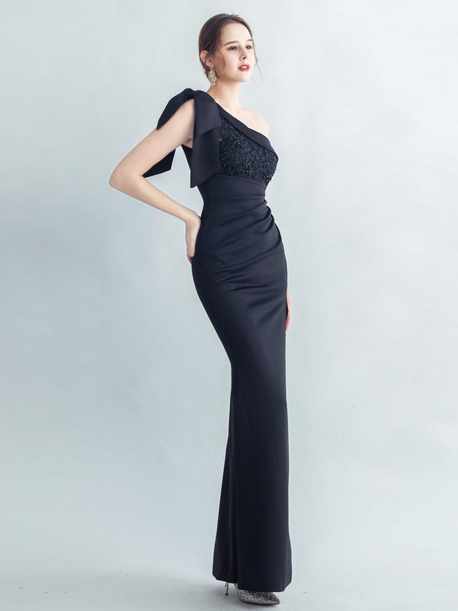 One Shoulder Panel Lace Split Prom Dress