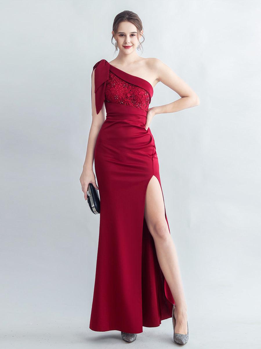 One Shoulder Panel Lace Split Prom Dress