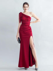 One Shoulder Panel Lace Split Prom Dress