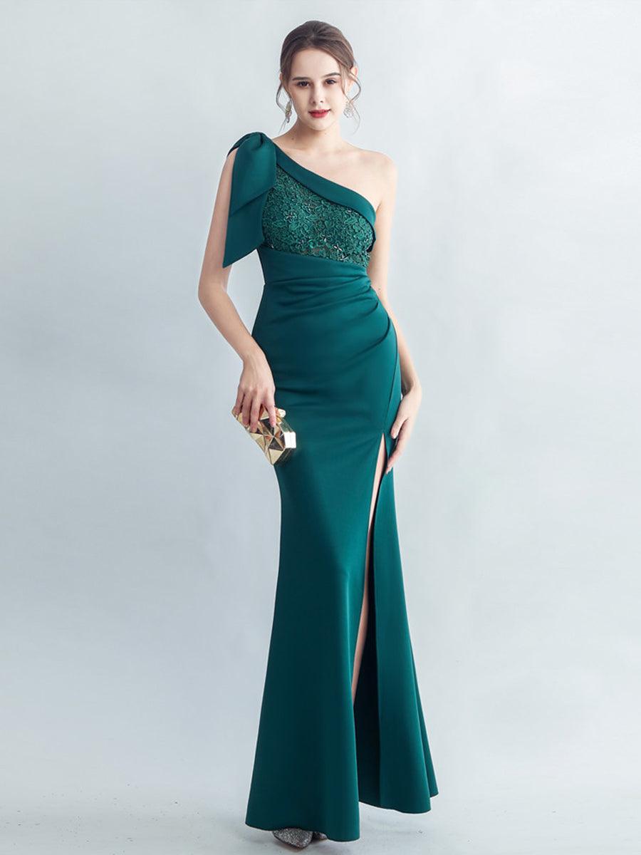 One Shoulder Panel Lace Split Prom Dress