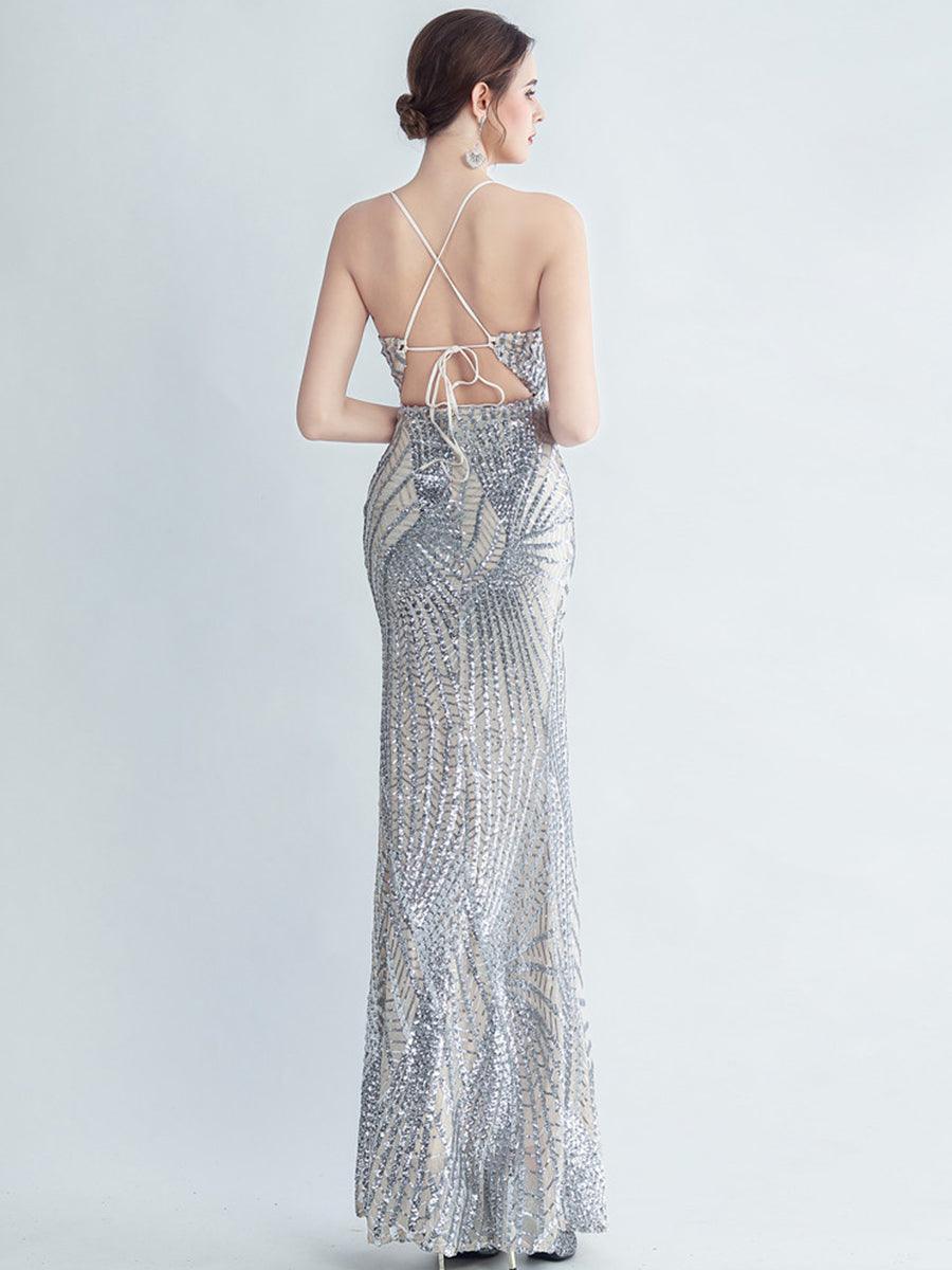 Spaghetti Cross Back Sequin Split Cocktail Dress