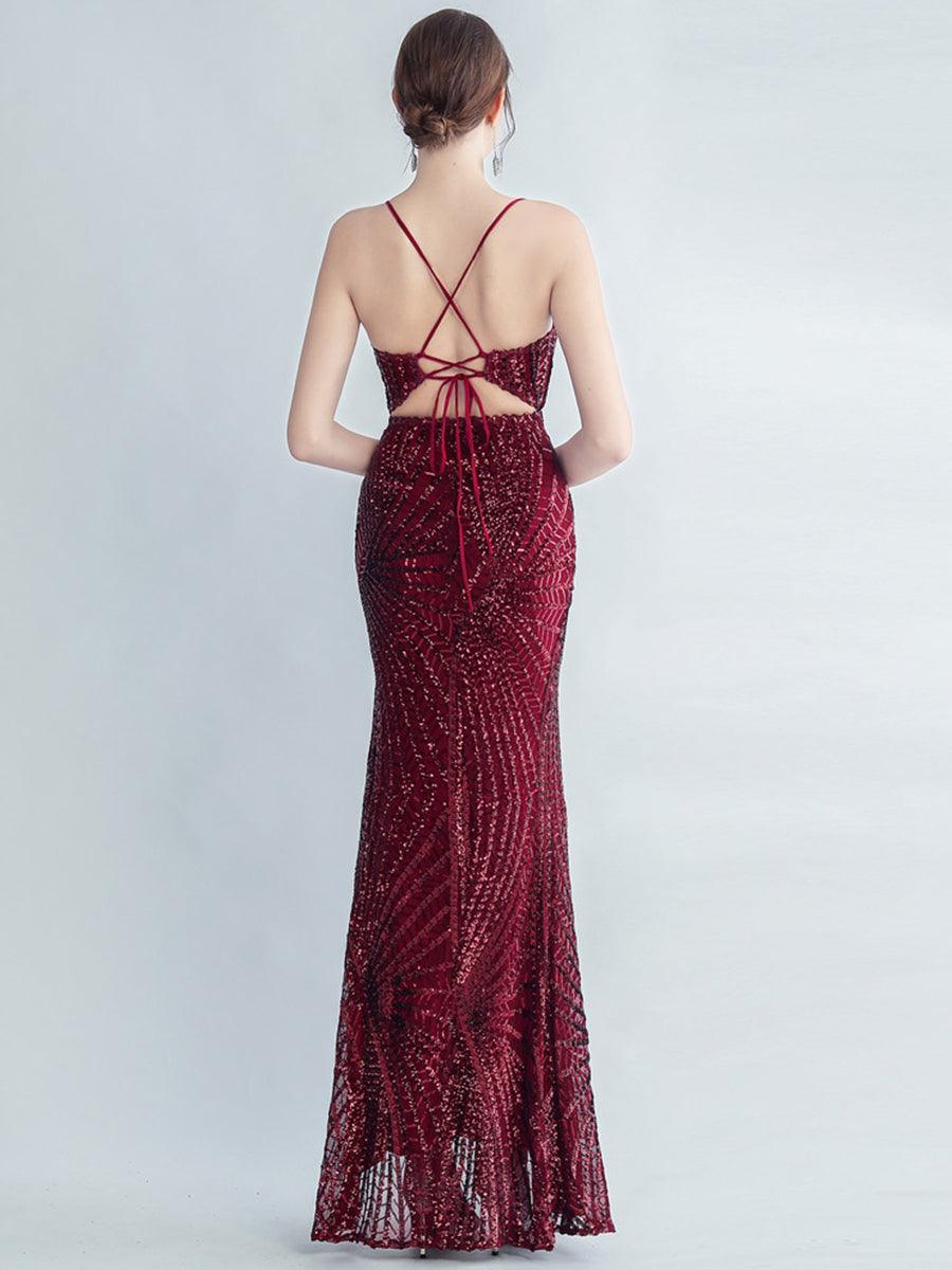 Spaghetti Cross Back Sequin Split Cocktail Dress