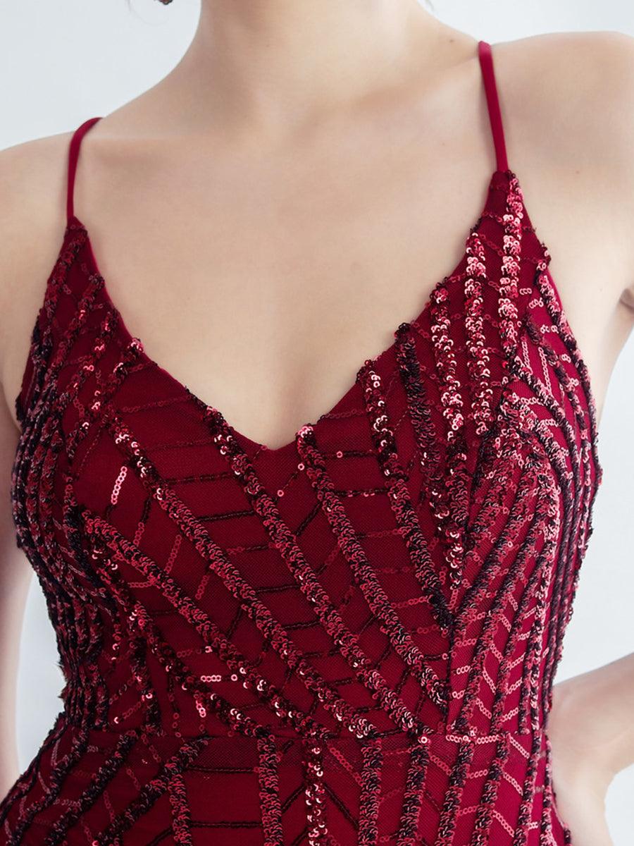 Spaghetti Cross Back Sequin Split Cocktail Dress
