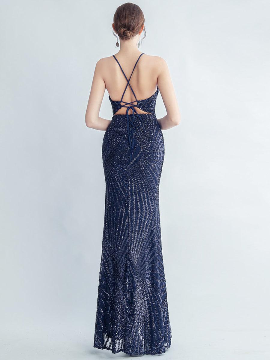 Spaghetti Cross Back Sequin Split Cocktail Dress