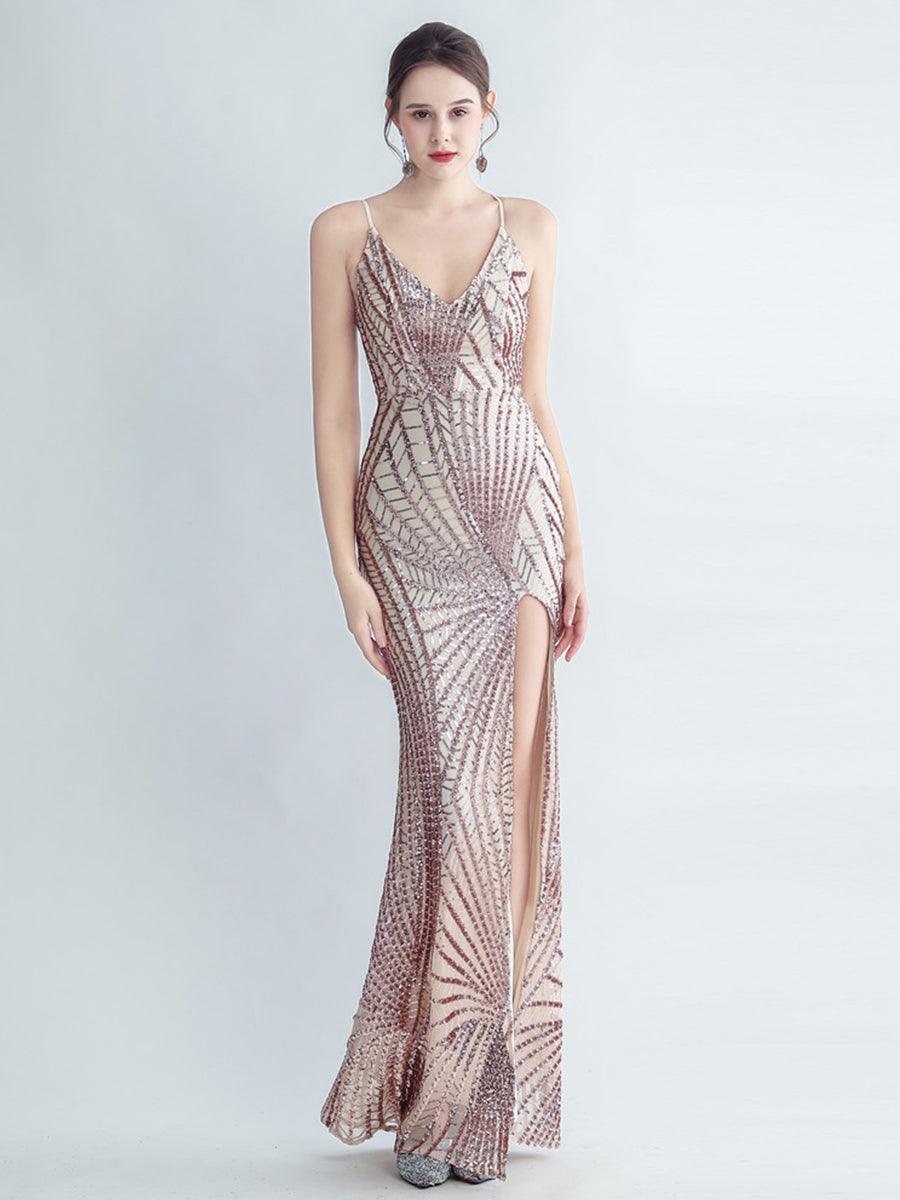 Spaghetti Cross Back Sequin Split Cocktail Dress