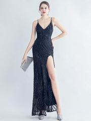 Spaghetti Cross Back Sequin Split Cocktail Dress