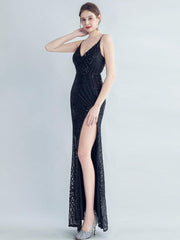 Spaghetti Cross Back Sequin Split Cocktail Dress