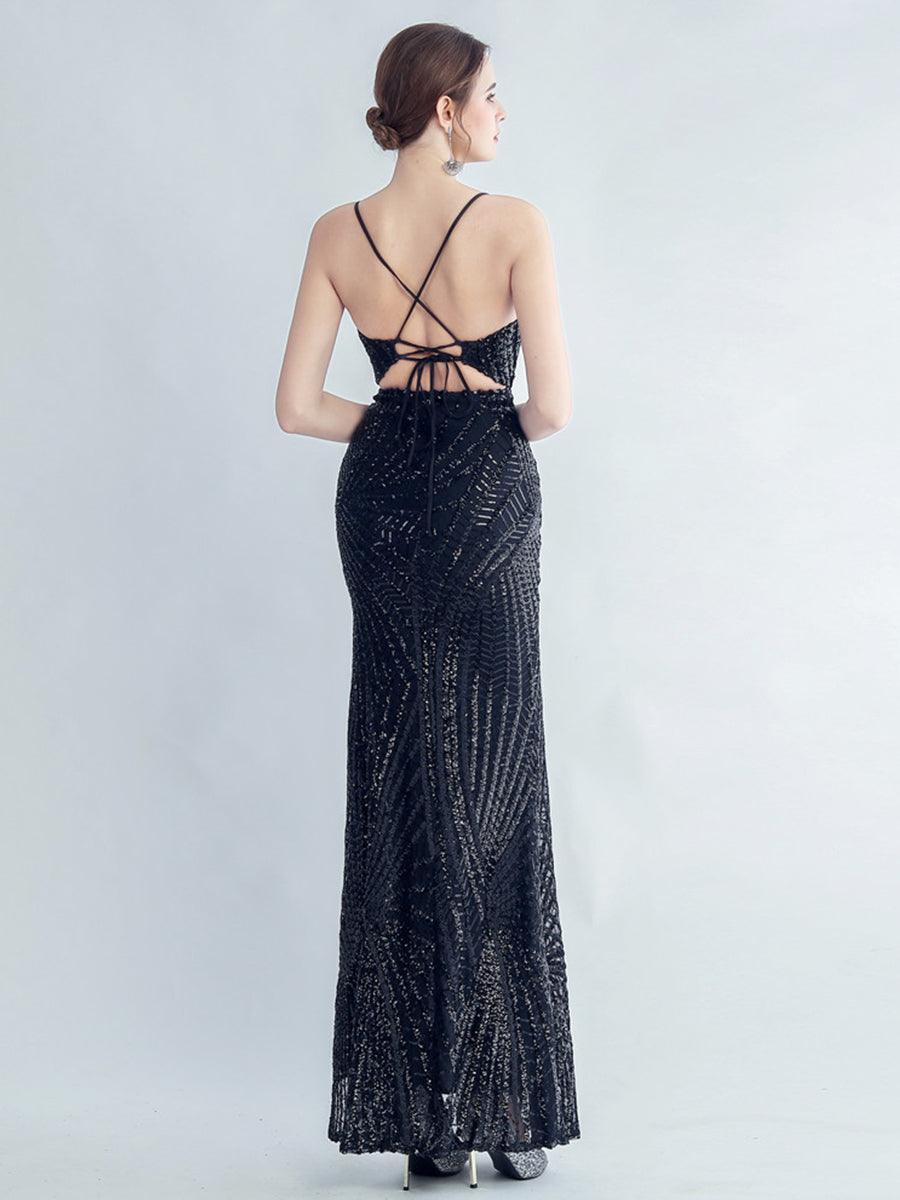 Spaghetti Cross Back Sequin Split Cocktail Dress