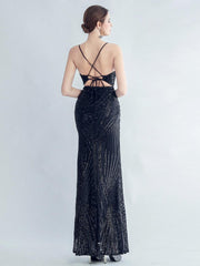 Spaghetti Cross Back Sequin Split Cocktail Dress