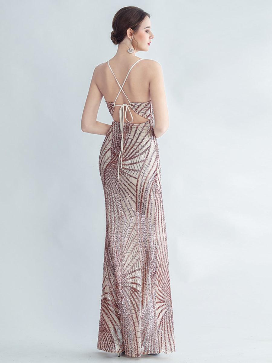 Spaghetti Cross Back Sequin Split Cocktail Dress