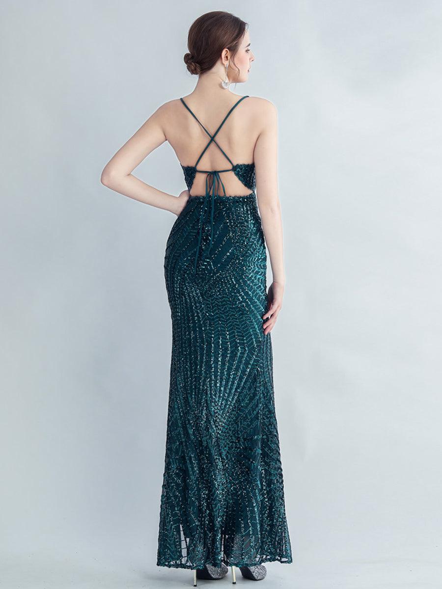 Spaghetti Cross Back Sequin Split Cocktail Dress