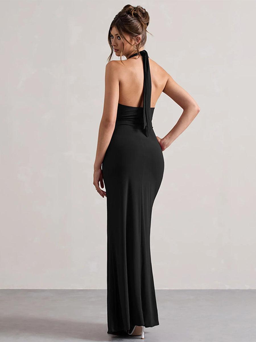 Halter Ruched Backless Formal Dress