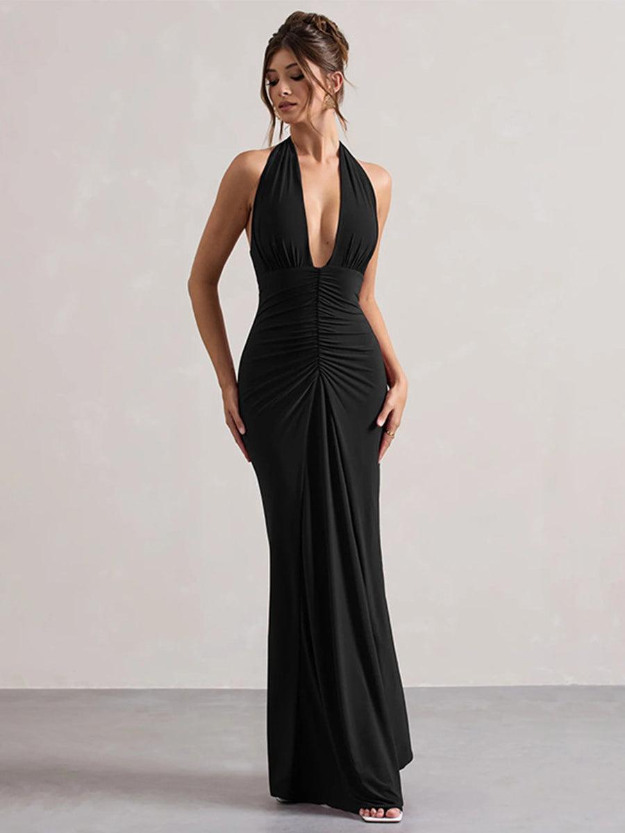 Halter Ruched Backless Formal Dress
