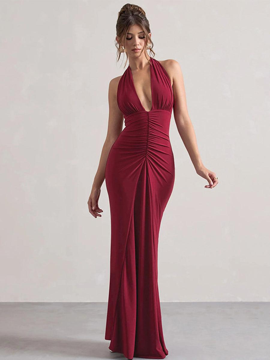 Halter Ruched Backless Formal Dress